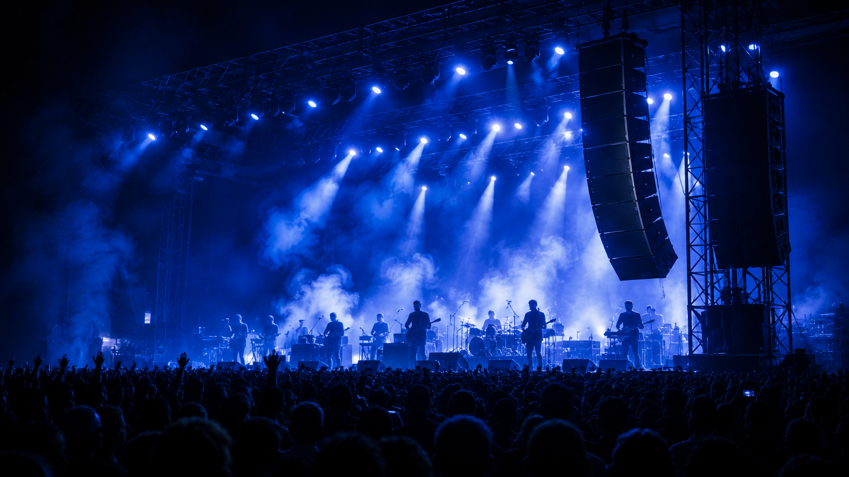 Concert stage with line array speakers